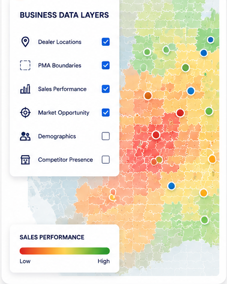 Map layers panel with sales performance overlay