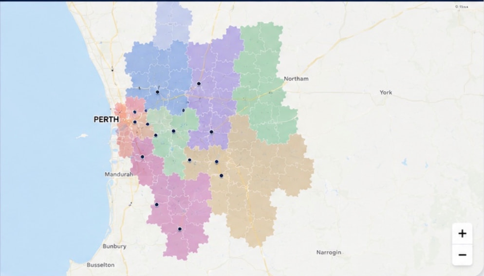 Zoomed PMA territory map around Perth showing postcode-level boundaries