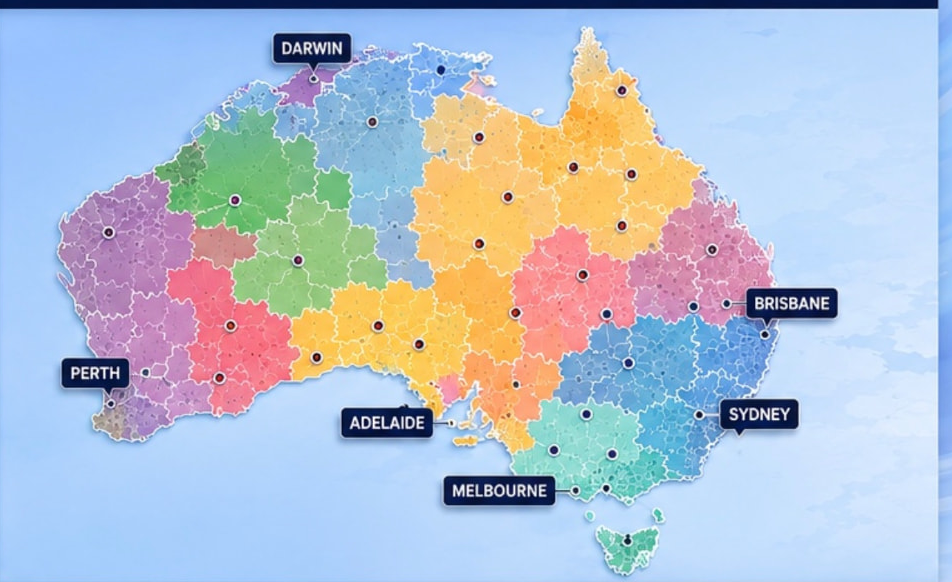 Australia map with colour-coded dealer territories and PMA boundaries